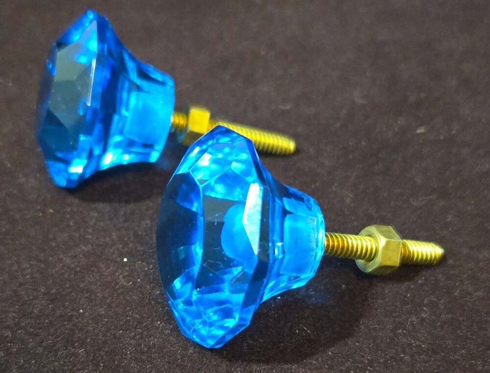 Pair of Blue Faceted Cabinet Knobs Vintage Style Diamond Cut Drawer Pulls 3.5cm